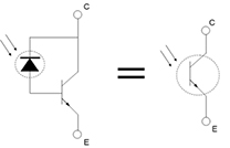 Electrical and physical model for a phototransistor 図:フォトトランジスタの電気的および物理的モデル